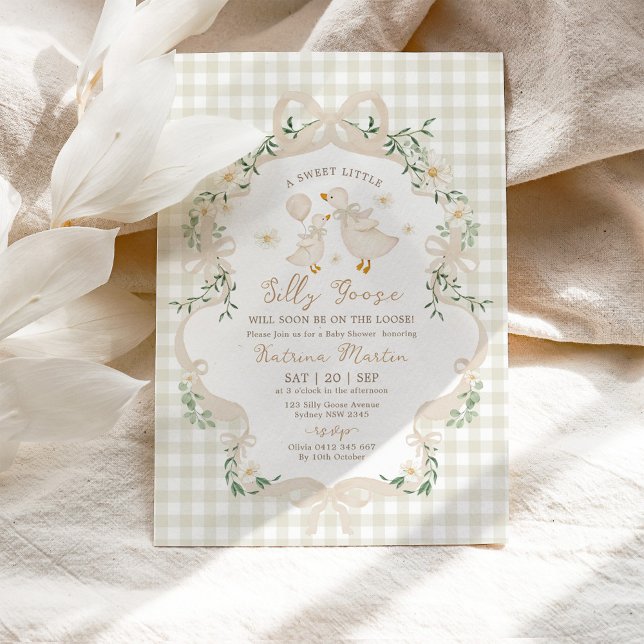 Invitation Fête de bébé Silly Goose Beige Gingham Neutre (Créateur téléchargé)