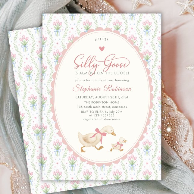 Invitation Fête de Bébé Silly Goose Coquette Rose à Points (Créateur téléchargé)
