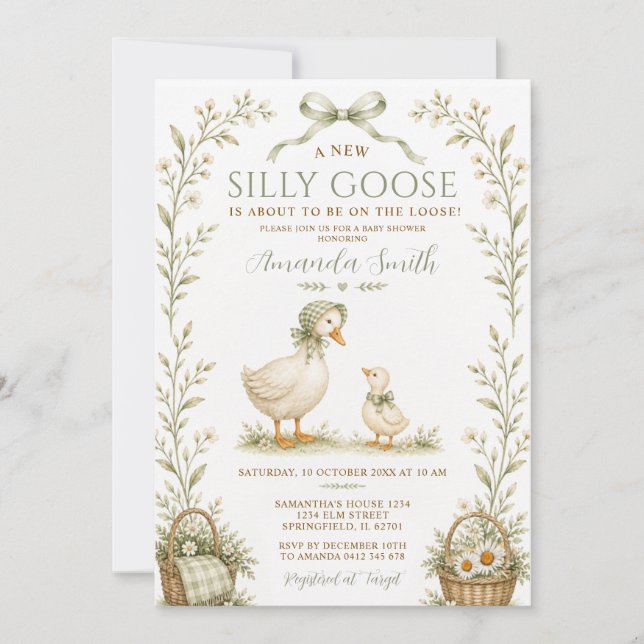 Invitation Fête de bébé Silly Goose Dusty Green Gingham Flora (Devant)