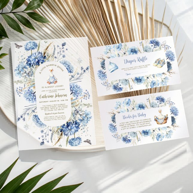 Invitation Fête de Bébé Silly Goose Floral Gingham Bleu (Créateur téléchargé)
