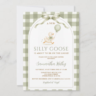 Invitation Fête de bébé Silly Goose Gingham Vert Poussiéreux