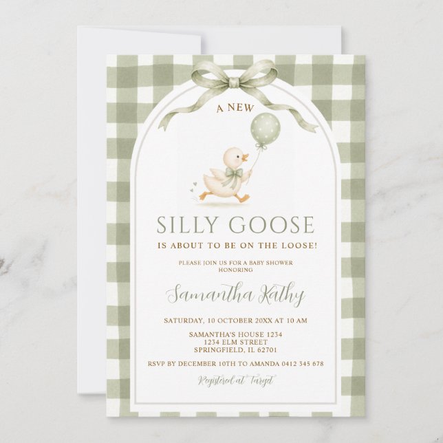 Invitation Fête de bébé Silly Goose Gingham Vert Poussiéreux (Devant)