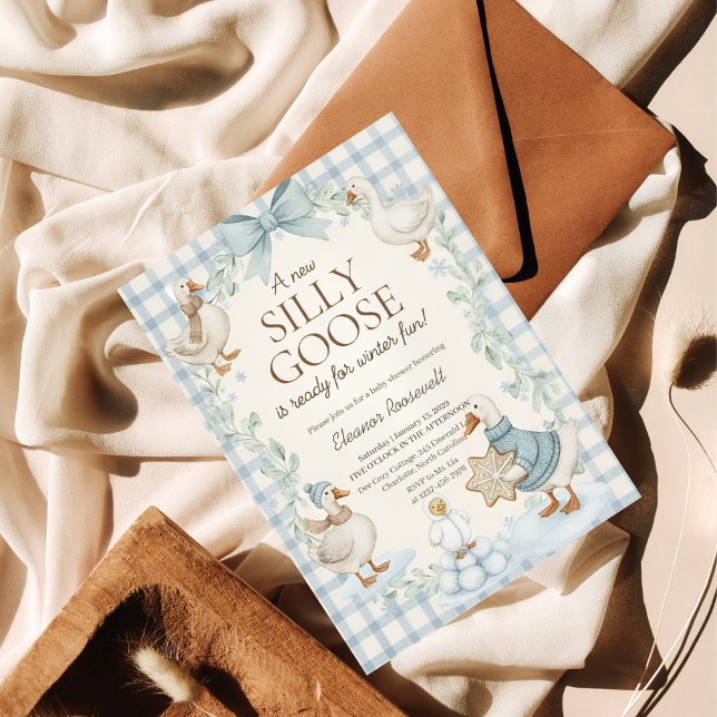 Invitation Fête de bébé Silly Goose Hiver Gingham Bleu (Créateur téléchargé)