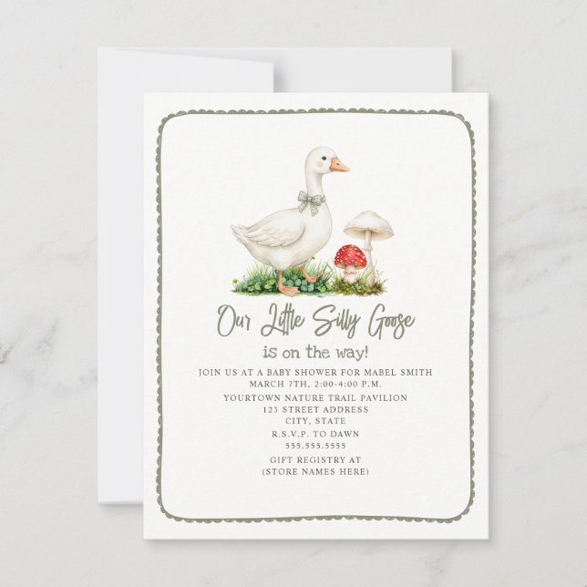 Invitation Fête de bébé Silly Goose Mushroom Sage Green (Devant)