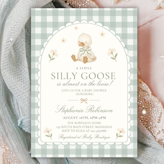 Invitation Fête de bébé Silly Goose Neutral Arch Green Gingha (Créateur téléchargé)
