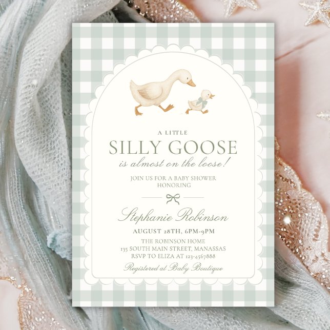 Invitation Fête de Bébé Silly Goose Neutral Arch Vert Gingham (Créateur téléchargé)