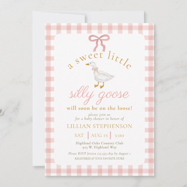Invitation Fête de bébé Silly Goose Rose Blush à carreaux  (Devant)
