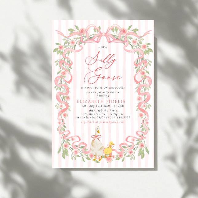 Invitation Fête de bébé Silly Goose Rose Florale Ruban Rose (Créateur téléchargé)