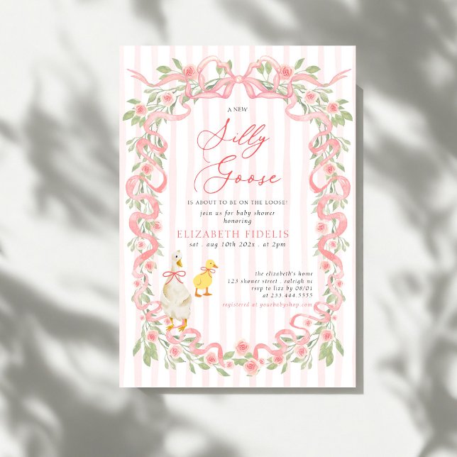 Invitation Fête de Bébé Silly Goose Rose Florale Ruban Rose (Créateur téléchargé)