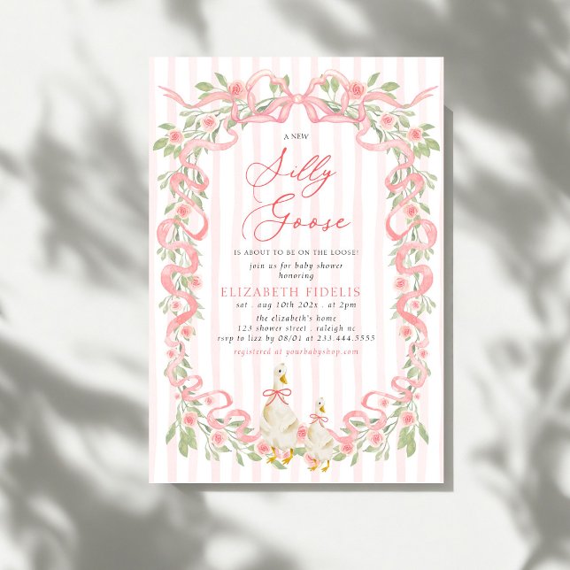 Invitation Fête de Bébé Silly Goose Rose Florale Ruban Rose (Créateur téléchargé)