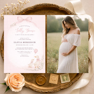 Invitation Fête de Bébé Silly Goose Rose Pâle à Carreaux Phot