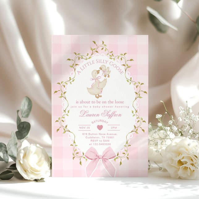 Invitation Fête de bébé Silly Goose Ruban Rose Fantaisiste (Créateur téléchargé)