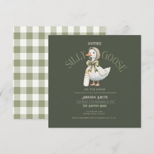 Invitation Fête de bébé Silly Goose vert forêt neutre  (Devant / Derrière)