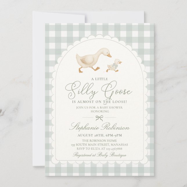 Invitation Fête de bébé Silly Goose Vert Sauge Gingham Neutre (Devant)