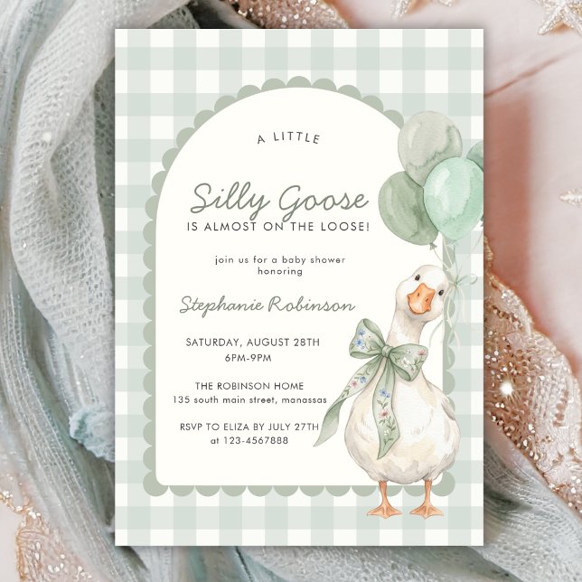 Invitation Fête de Bébé Silly Goose Vert Sauge Gingham Neutre (Créateur téléchargé)