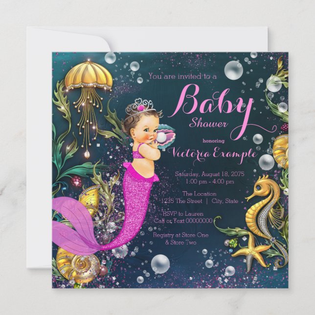 Invitation Fête de Bébé Sirène Brunette Rose Chaud (Devant)
