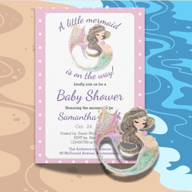 Invitation Fête de bébé sirène marron clair thème paillettes (  Celebrate your little one with a soft brown mermaid baby shower )