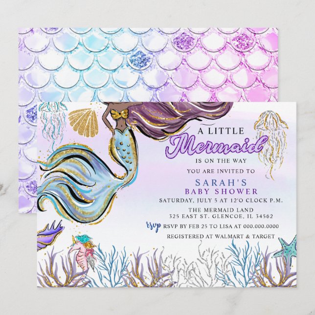 Invitation Fête de Bébé Sirène Moderne Rose Violet Pailleté (Devant / Derrière)