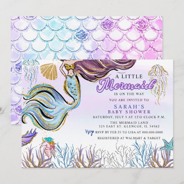 Invitation Fête de Bébé Sirène Moderne Rose Violet Pailletée (Devant / Derrière)