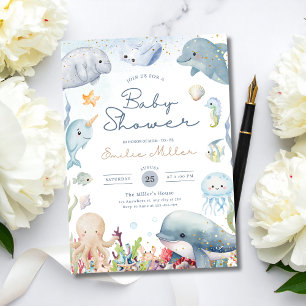 Invitation Fête de bébé sous la mer, thème océan et genre neu