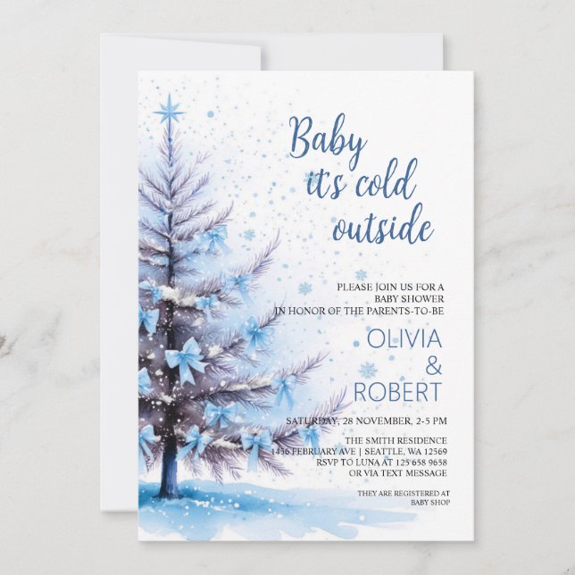 Invitation Fête de bébé sous l'arbre de Noël bleu  (Devant)