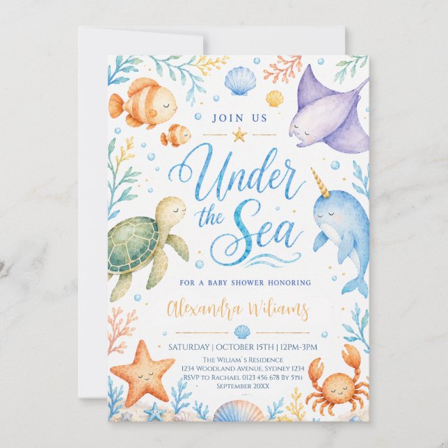 Invitation Fête de Bébé Sous l'Océan à l'Aquarelle (Devant)
