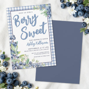 Invitation Fête de Bébé Sucrée aux Myrtilles à Carreaux Bleus