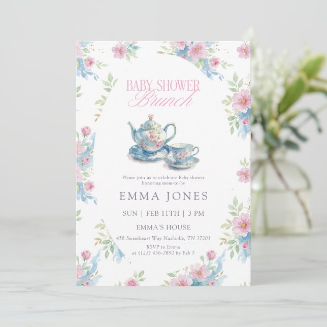 Invitation Fête de Bébé sur le Thé Floral Rose Bleu (Debout devant)