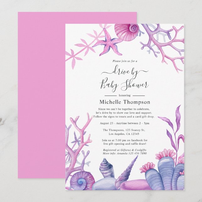 Invitation Fête de bébé sur le thème de l'océan à l'aquarelle (Devant / Derrière)