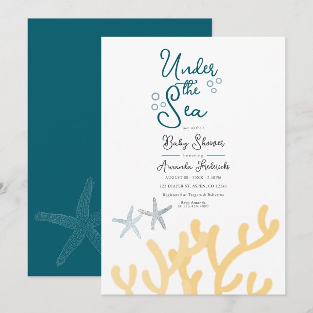 Invitation Fête de bébé sur le thème de l'océan "Sous la mer" (Devant / Derrière)