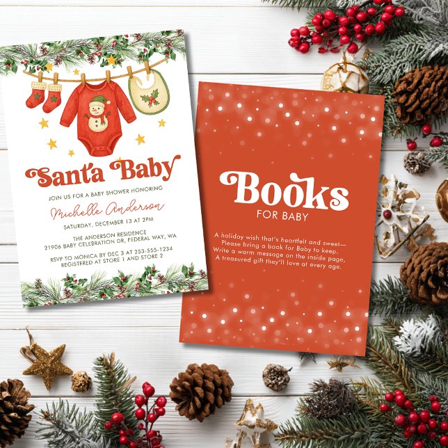 Invitation Fête de bébé sur le thème de Noël avec demande de  (Christmas Clothesline Baby Shower and Book Request Invitation)