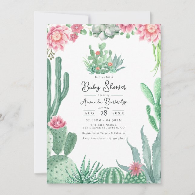 Invitation Fête de bébé sur le thème des cactus du désert (Devant)