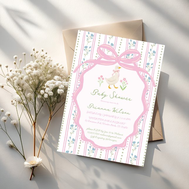 Invitation Fête de bébé sur le thème des comptines de l'oie (Goose nursery rhymes preppy pink bow baby shower invitation cards template )