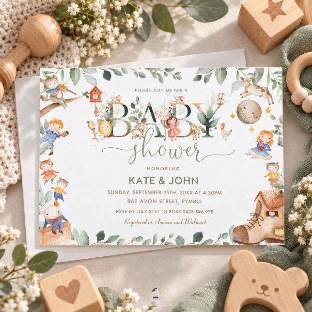 Invitation Fête de bébé sur le thème des comptines Greenery É (Chic Nursery Rhyme Greenery Baby Shower Neutral Invitation)