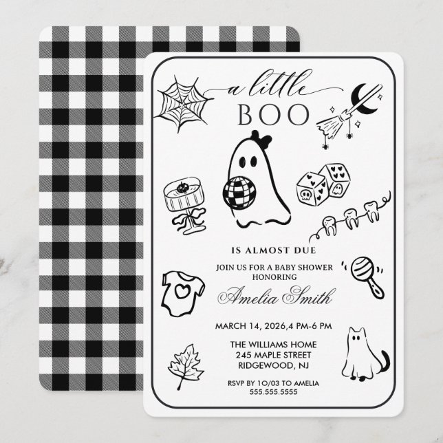 Invitation Fête de bébé sur le thème d'Halloween dessinée à l (Devant / Derrière)