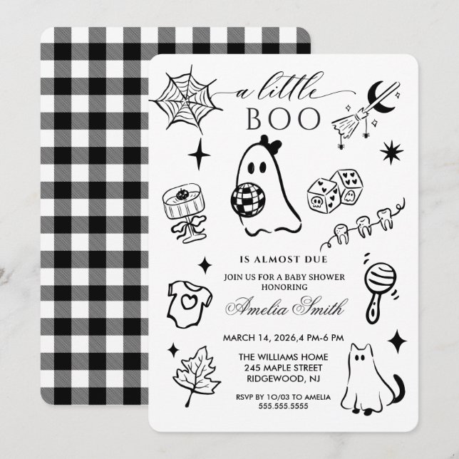 Invitation Fête de bébé sur le thème d'Halloween dessinée à l (Devant / Derrière)