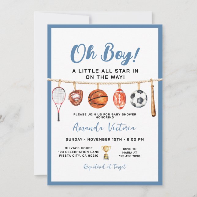 Invitation Fête de Bébé sur le Thème Sport Boy Ball All Star (Devant)