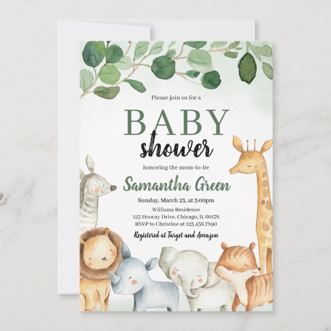 Invitation Fête de Bébé sur les Animaux de Safari (Devant)