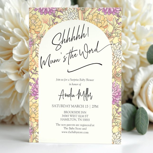 Invitation Fête de Bébé Surprise Fleurie 'Mum's the Word' (Surprise Floral Mum's the Word Baby Shower Invitation)