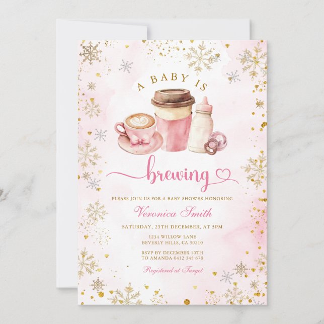 Invitation Fête de Bébé Tasse de Café Rose Flocons de Neige d (Devant)