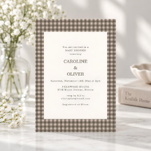Invitation Fête de bébé Taupe Marron Gingham à carreaux pour 