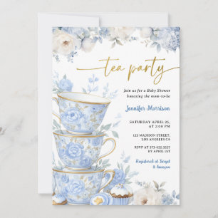 Invitation Fête de bébé Tea Party Garçon Floral Bleu Poussiér