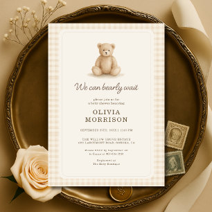 Invitation Fête de bébé Teddy Bear Neutral Gingham