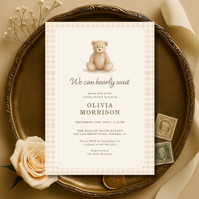 Invitation Fête de bébé Teddy Bear Neutral Gingham (Créateur téléchargé)