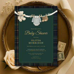 Invitation Fête de bébé Teddy Bear Preppy Clothesline à carre