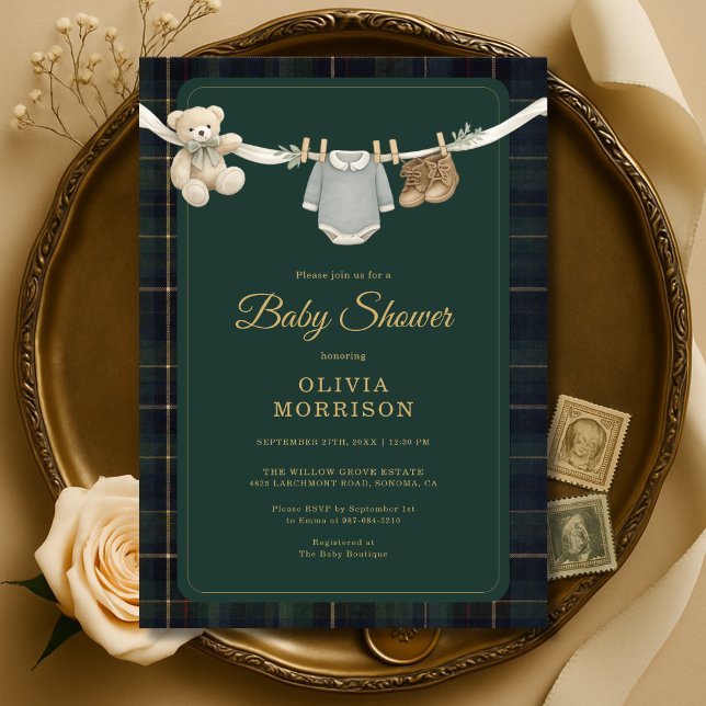 Invitation Fête de bébé Teddy Bear Preppy Clothesline à carre (Créateur téléchargé)