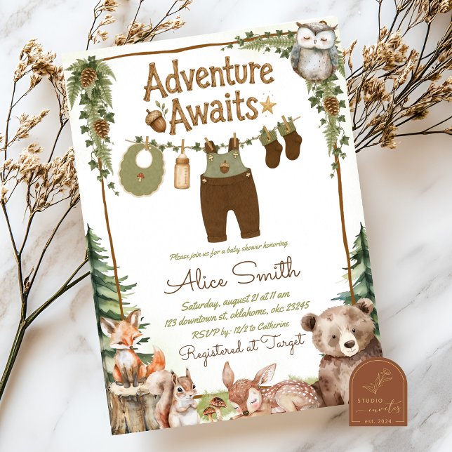 Invitation Fête de Bébé Thème Aventure en Forêt Boisée (Créateur téléchargé)