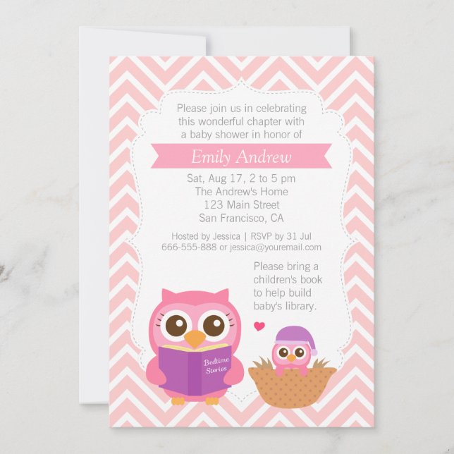Invitation Fête de Bébé Thème Chouette Livre Chevron Rose (Devant)