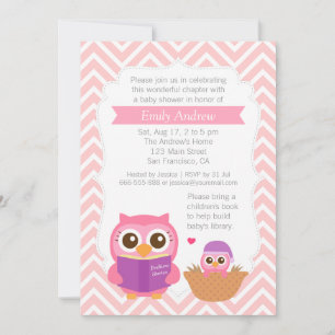 Invitation Fête de Bébé Thème Chouette Livre Chevron Rose