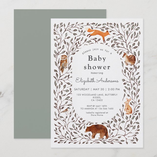 Invitation Fête de Bébé Thème Copains de la Forêt Genre Neutr (Devant / Derrière)